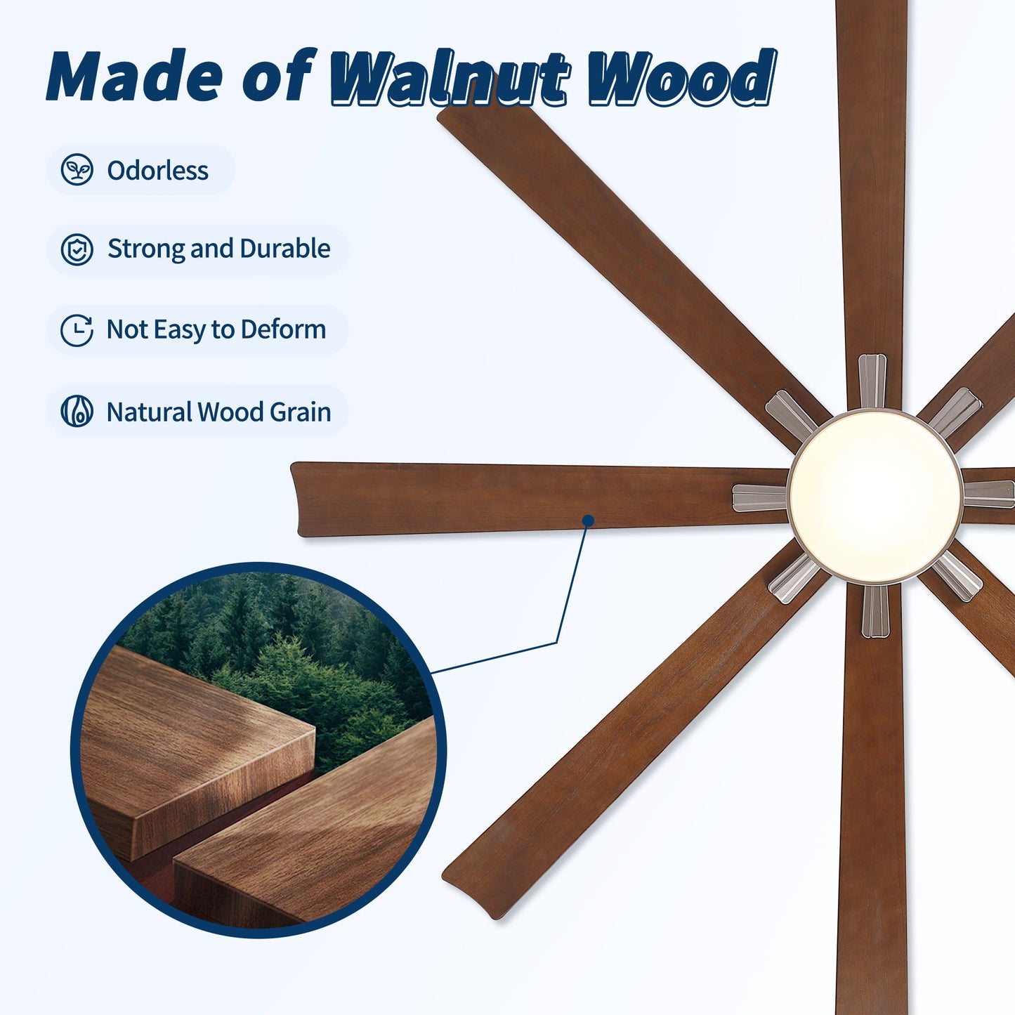 Walnut wood ceiling fan by HouseOfZazla with 8 blades, dimmable LED light, remote on Tampa Home & Garden Store