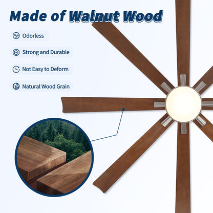Walnut wood ceiling fan by HouseOfZazla with 8 blades, dimmable LED light, remote on Tampa Home & Garden Store