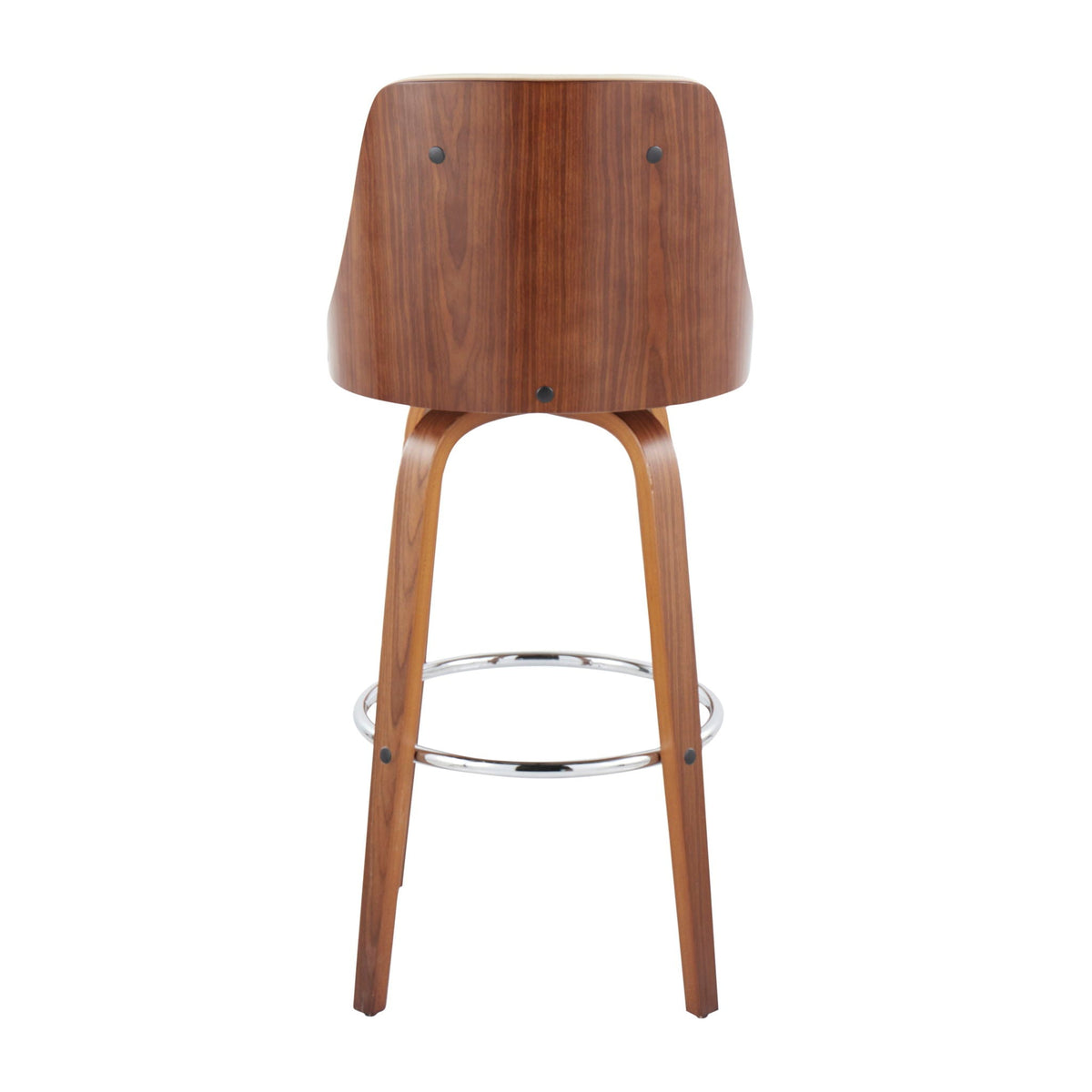 Mid-Century Modern swivel barstool with walnut veneer seat, curved legs, chrome footrest on Tampa Home & Garden Store