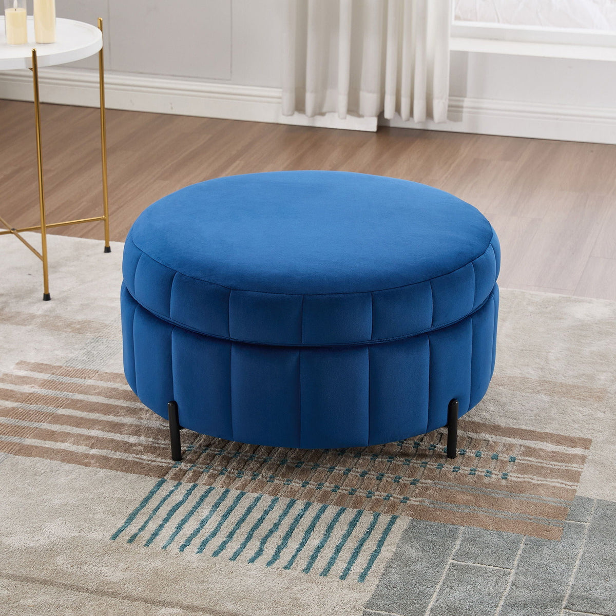 Upholstered storage ottoman blue round with channel tufting and reversible lid on Tampa Home & Garden Store