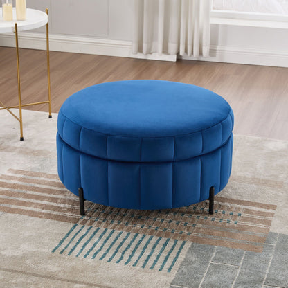 Upholstered storage ottoman blue round with channel tufting and reversible lid on Tampa Home & Garden Store