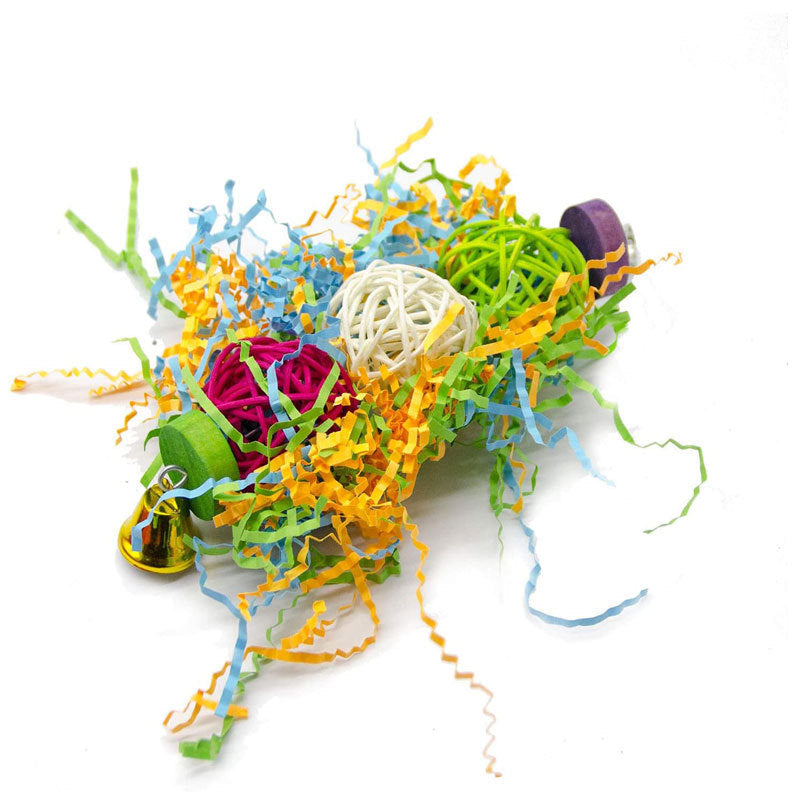 3-piece parrot toy set with brushed rattan ball, shredded paper, wooden components and bell on Tampa Home & Garden Store