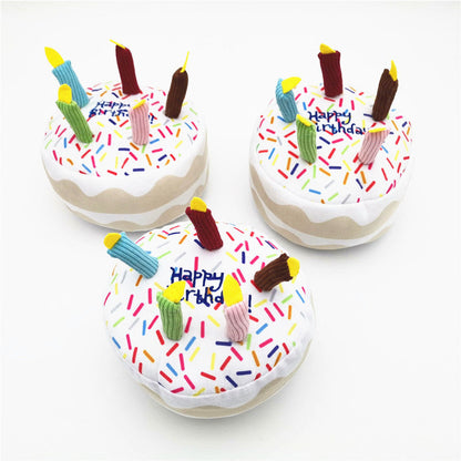 Cute Dog Birthday Cake Plush Toy 3-pack with white frosting and candles on Tampa Home & Garden Store