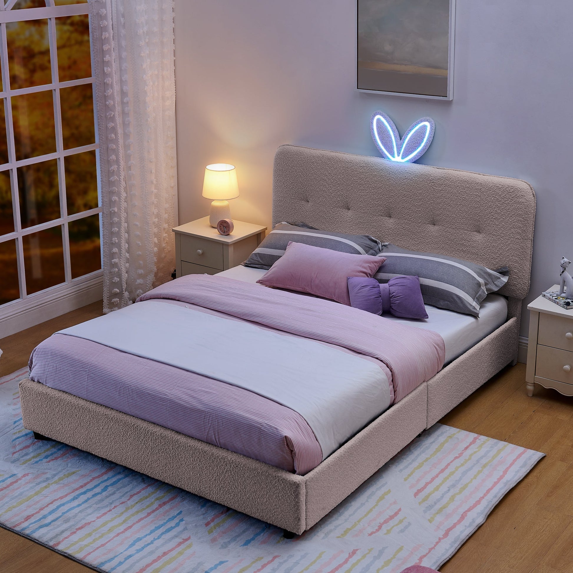 Queen Size Kids Upholstered Bed with Rabbit Ear Headboard beige fabric and blue neon ears on Tampa Home & Garden Store