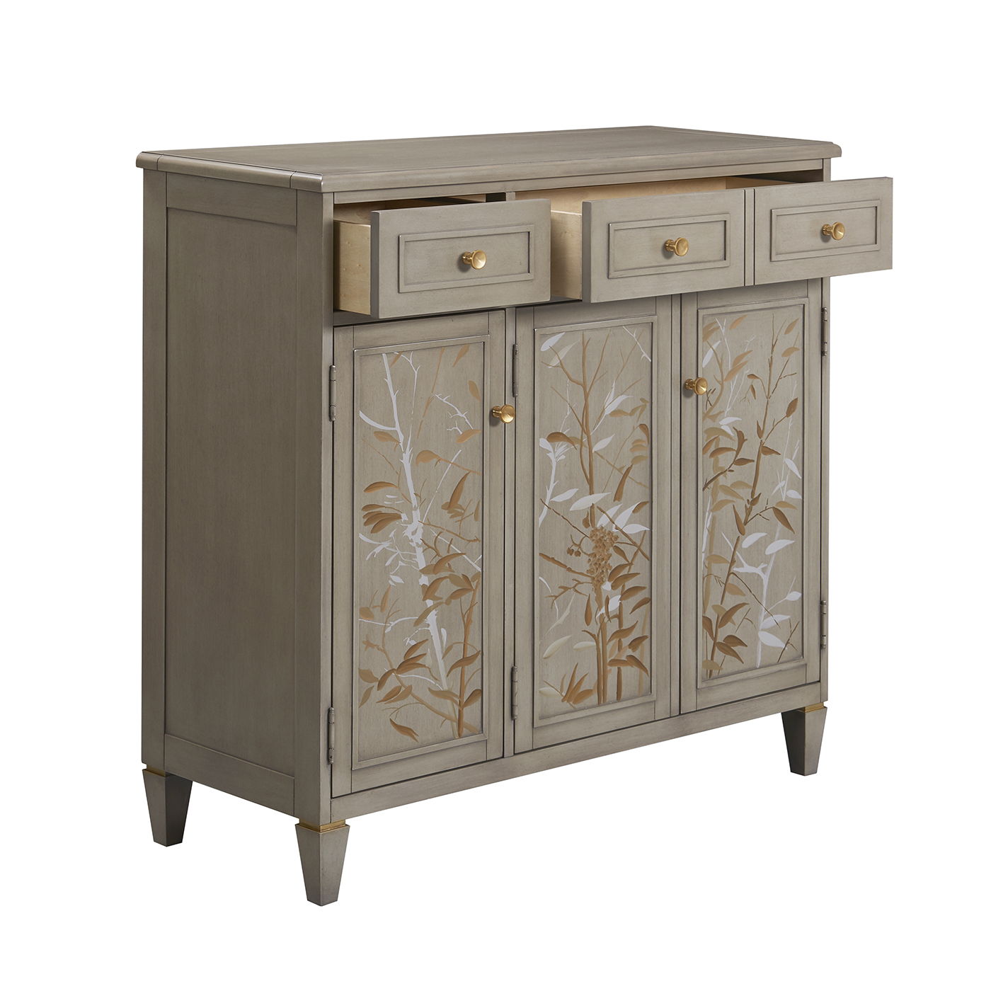 Dauphin Handpainted Entryway Cabinet gray cashmere with 3 top drawers and 3 panel doors on Tampa Home & Garden Store
