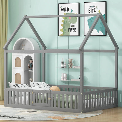 Wood House Bed with Fence and Door Sky Roof