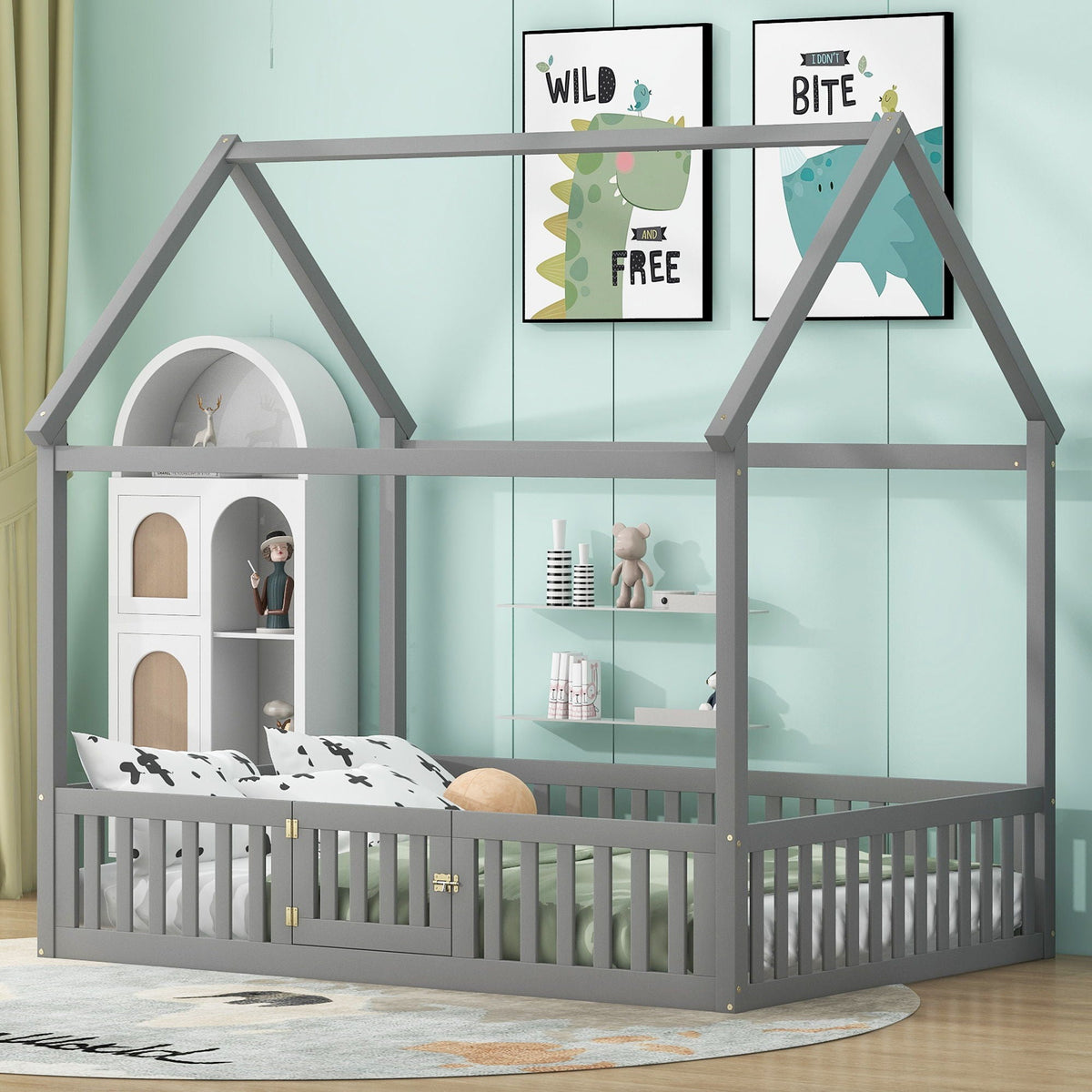 Wood House Bed With Fence And Door, gray platform bed frame by HouseOfZazla on Tampa Home & Garden Store