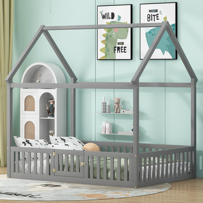 Wood House Bed With Fence And Door, gray platform bed frame by HouseOfZazla on Tampa Home & Garden Store