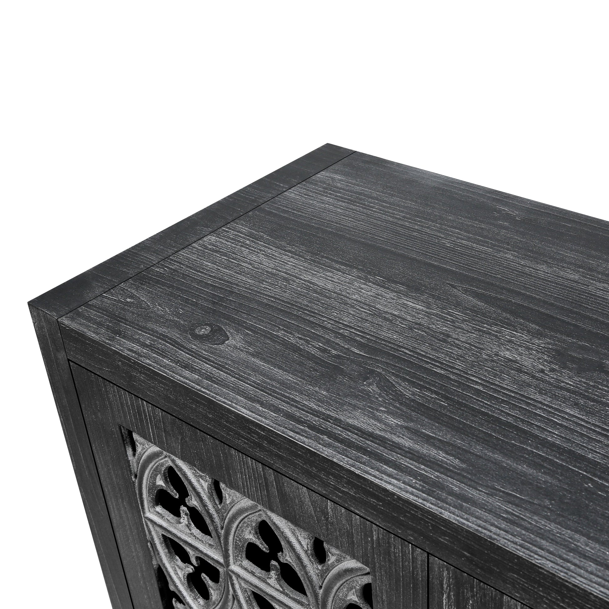 Hollow Four Door Antique Cabinet in dark wood finish with carved fretwork panels HouseOfZazla on Tampa Home & Garden Store