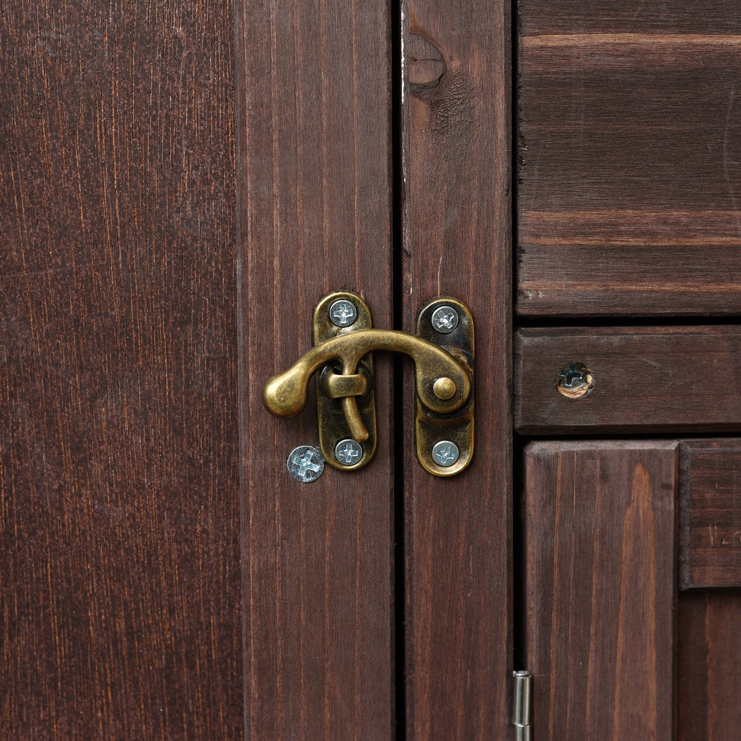 Outdoor Kitchen Island Fir Wood Prep Station HouseOfZazla close-up brass hardware on dark wood panels on Tampa Home & Garden Store