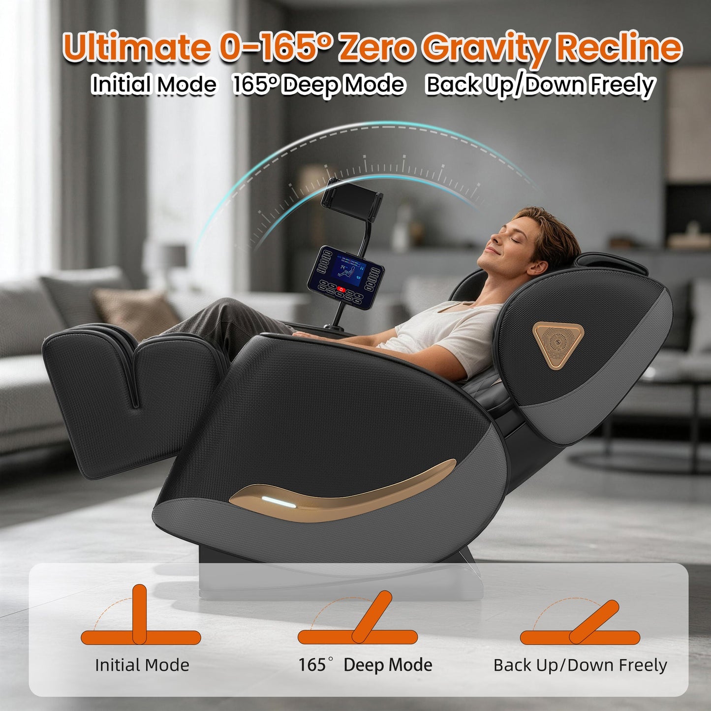 Full-body massage chair recliner in black with digital control panel and copper accents on Tampa Home & Garden Store