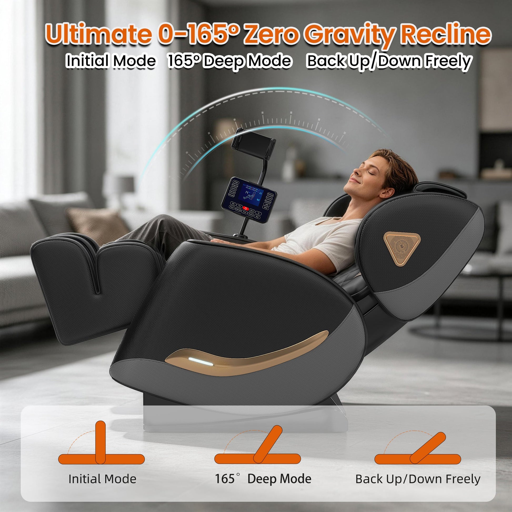 Full-body massage chair recliner in black with digital control panel and copper accents on Tampa Home & Garden Store