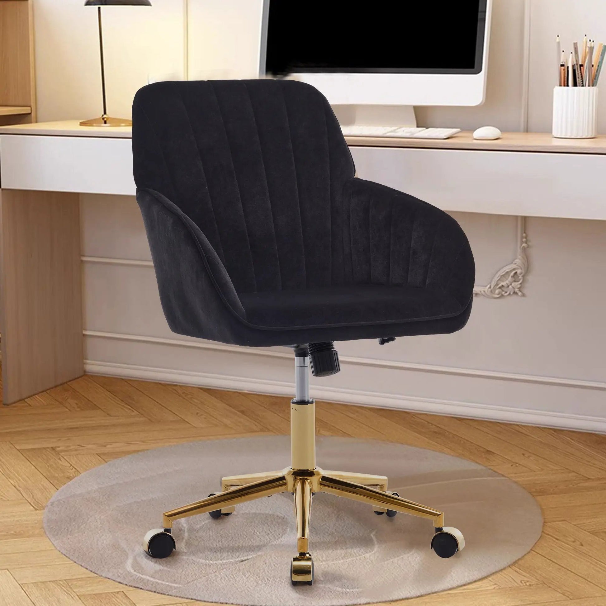 Adjustable ergonomic swivel office chair black velvet upholstery gold base with casters on Tampa Home & Garden Store