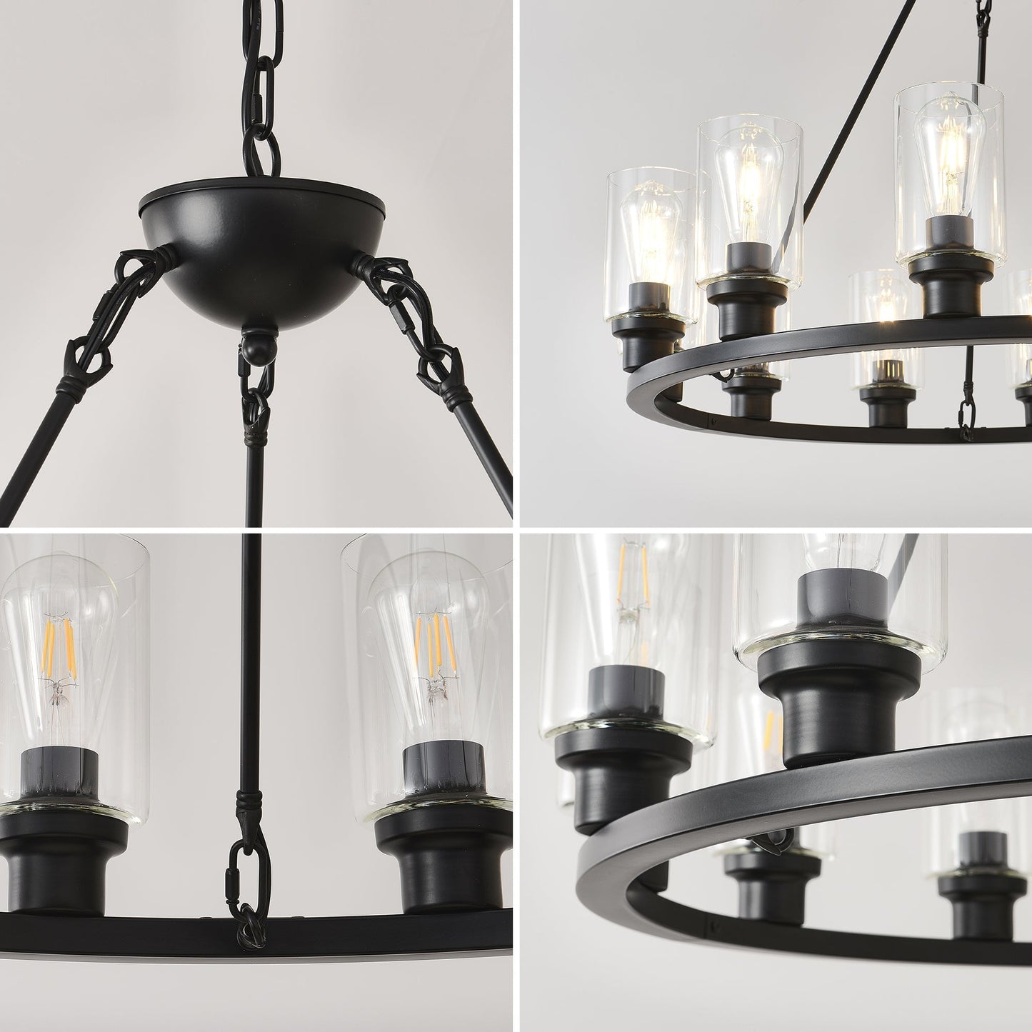 Black Wagon Wheel Chandelier with clear glass cylinder shades and Edison bulbs on Tampa Home & Garden Store
