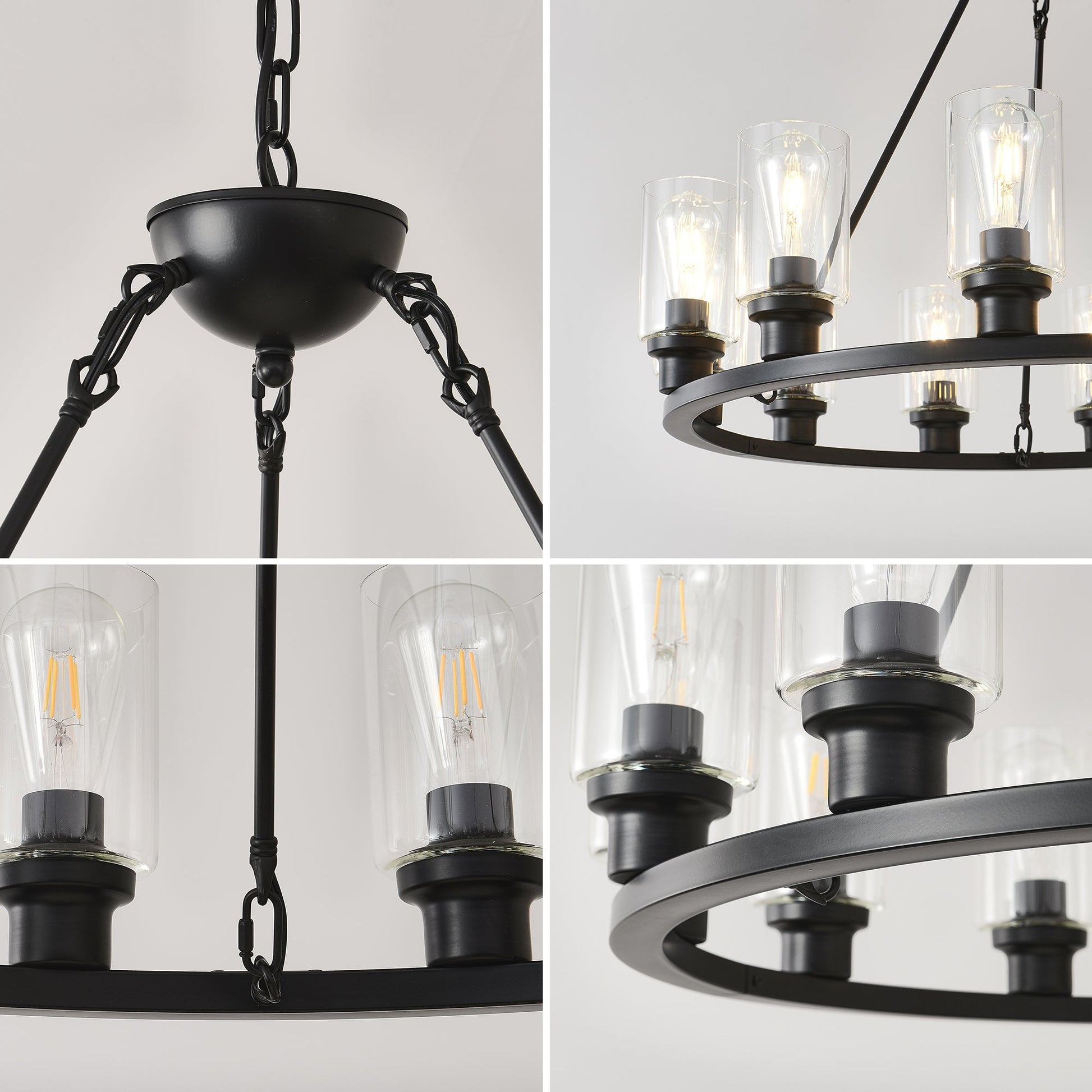 Black Wagon Wheel Chandelier with clear glass cylinder shades and Edison bulbs on Tampa Home & Garden Store