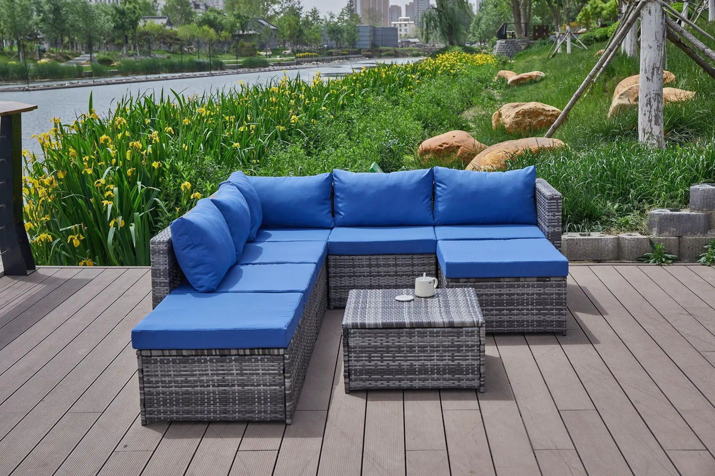 Patio sofa with cushions in blue on wicker 2-piece outdoor set by Unique Piece Furniture on Tampa Home & Garden Store