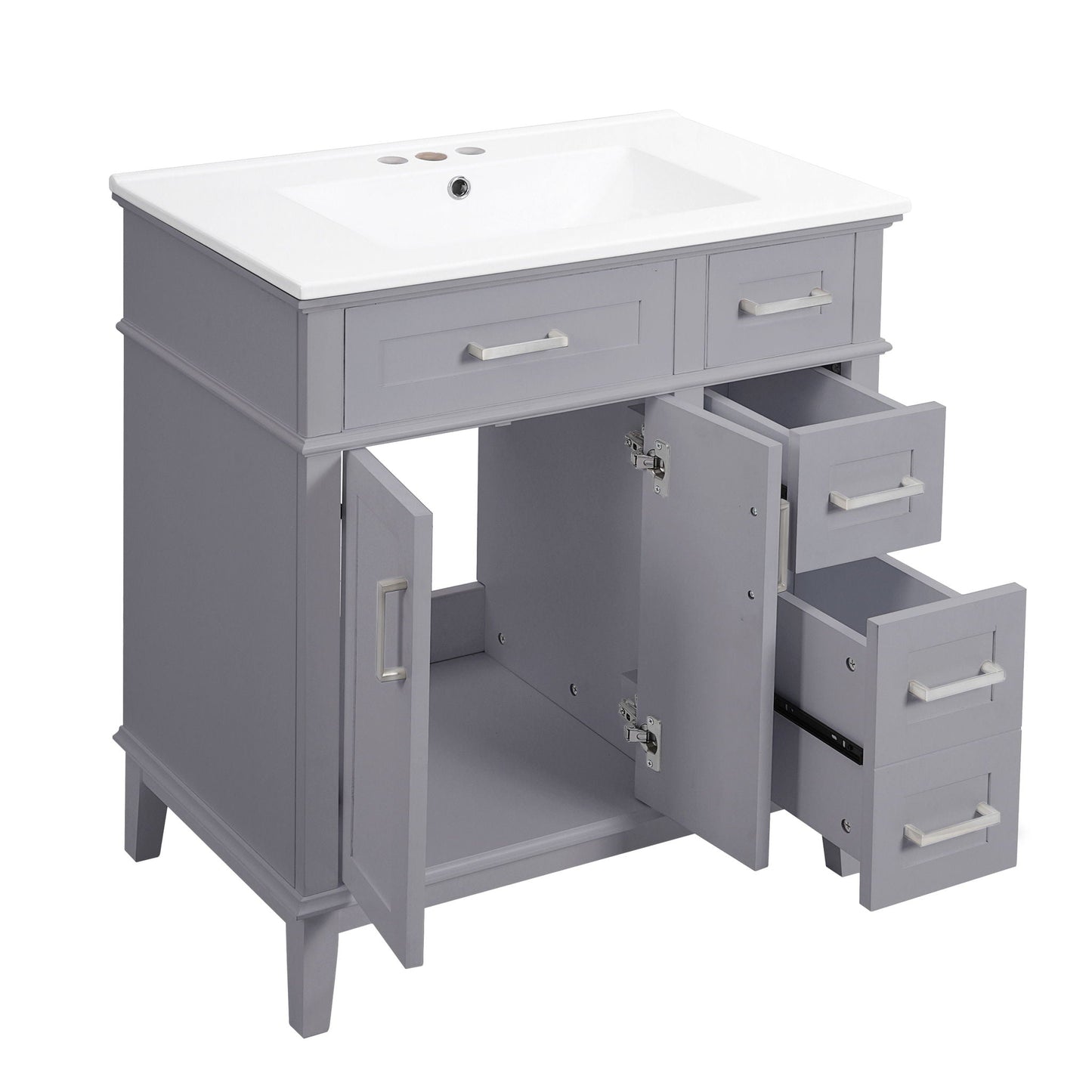 Modern bathroom vanity with sink, gray cabinet, white top, soft-close doors, drawers on Tampa Home & Garden Store