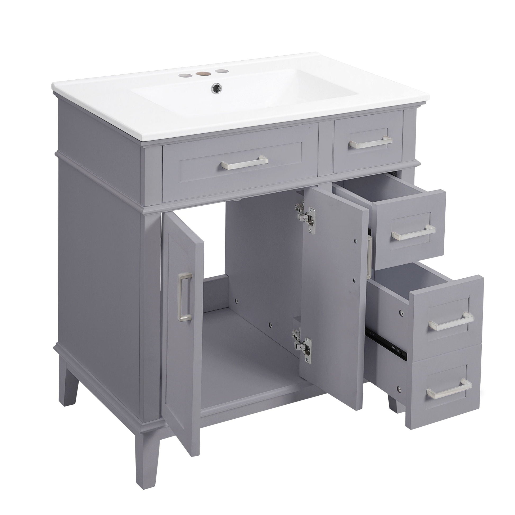 Modern bathroom vanity with sink, gray cabinet, white top, soft-close doors, drawers on Tampa Home & Garden Store