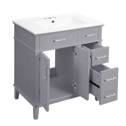 Modern bathroom vanity with sink, gray cabinet, white top, soft-close doors, drawers on Tampa Home & Garden Store
