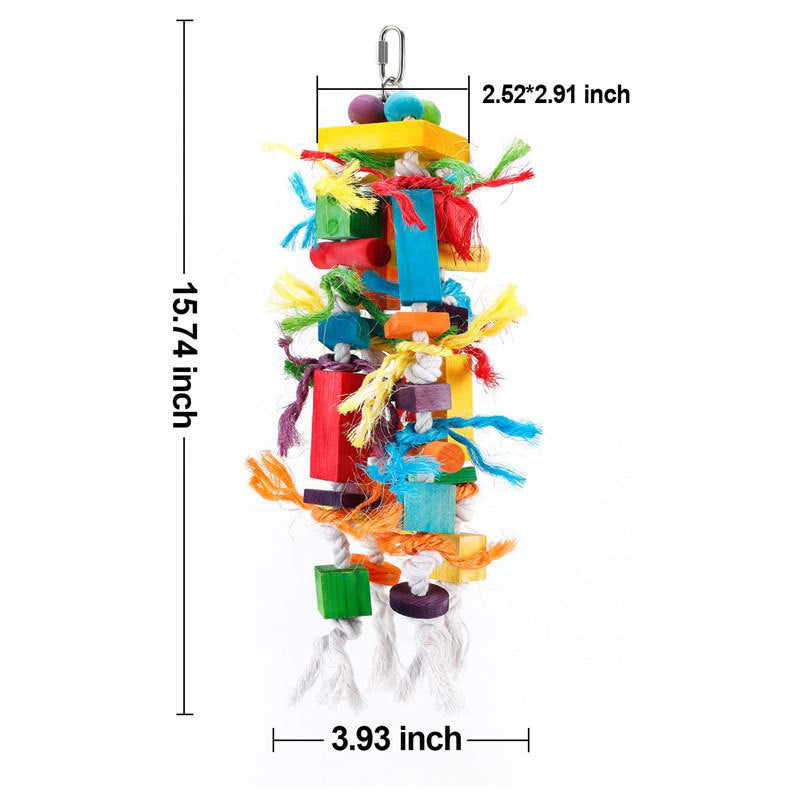 Wooden multicolor nibbling parrot toy with blocks and ropes on Tampa Home & Garden Store