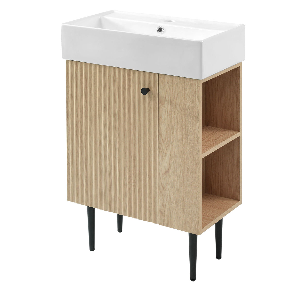 Bathroom vanity with white ceramic sink on wood cabinet with vertical grooves and black legs on Tampa Home & Garden Store