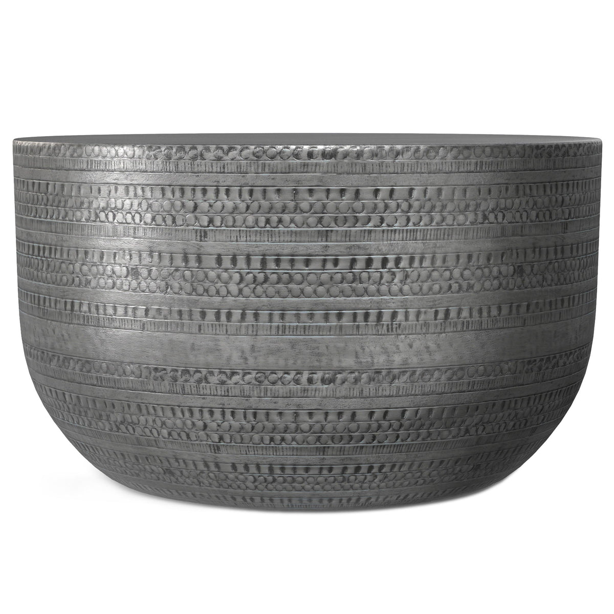 Handcrafted metal coffee table with textured hammered detailing in pearl silver finish on Tampa Home & Garden Store