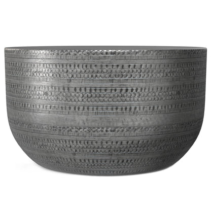 Handcrafted metal coffee table with textured hammered detailing in pearl silver finish on Tampa Home & Garden Store