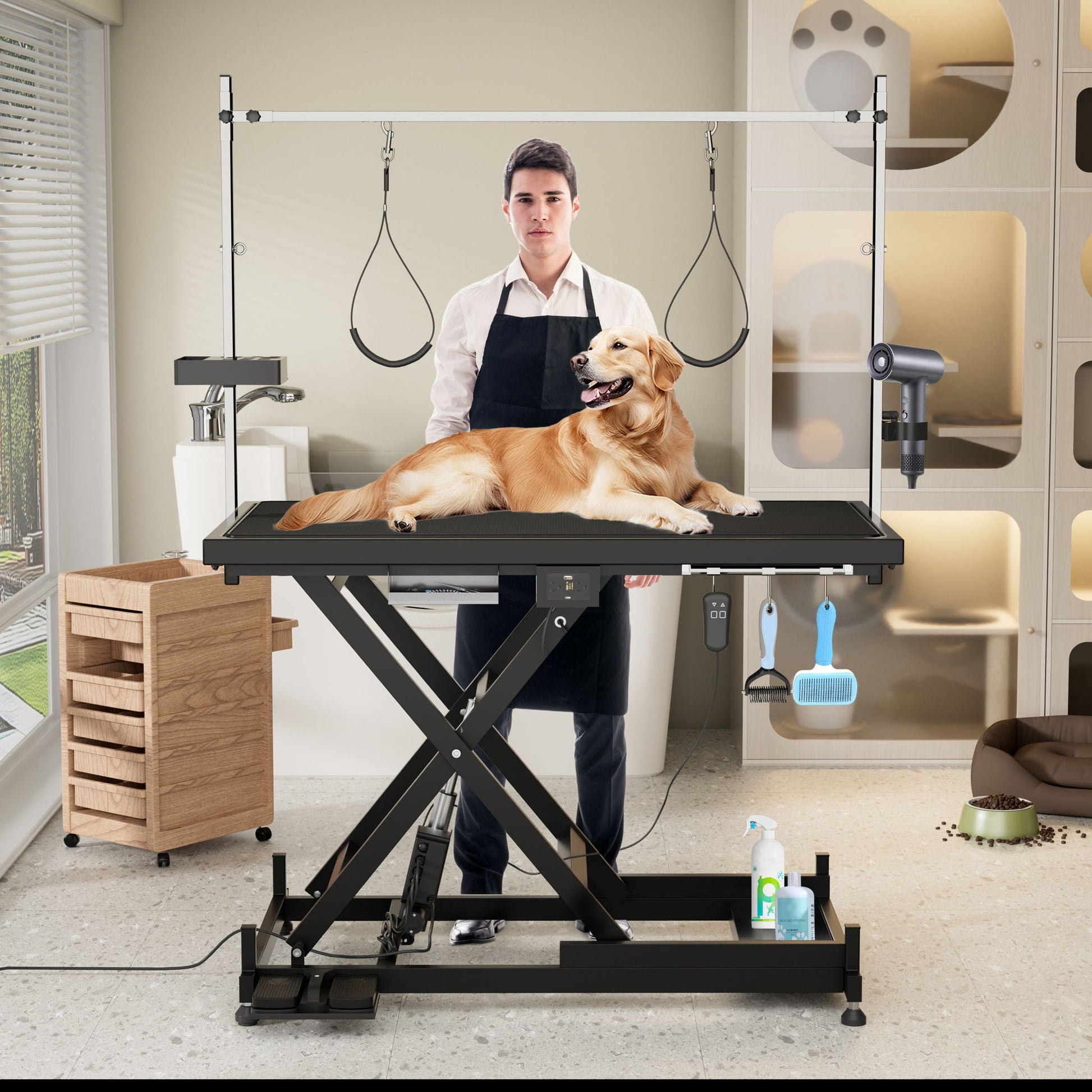 Super Deluxe Electric Pet Grooming Table height adjustable with black frame for home grooming on Tampa Home & Garden Store