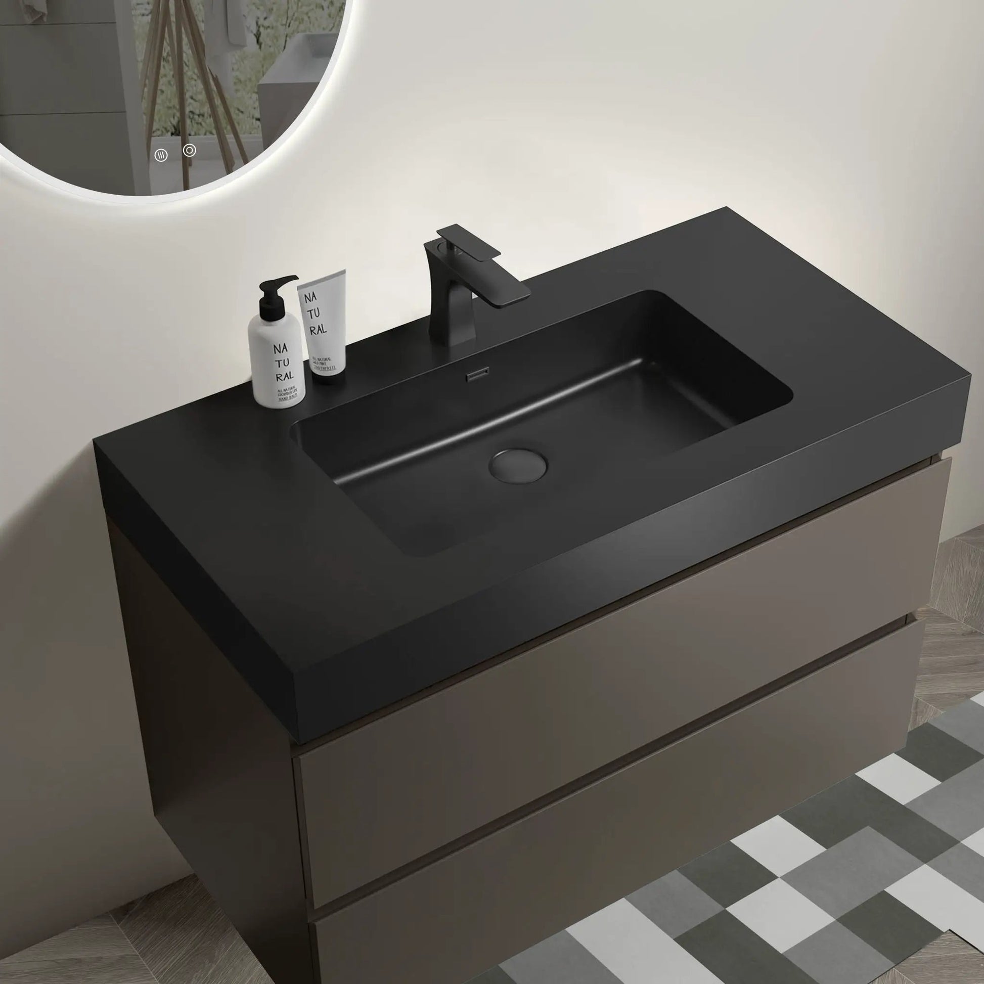 Black matte floating bathroom vanity with sink, storage drawers, and a backlit mirror on Tampa Home & Garden Store
