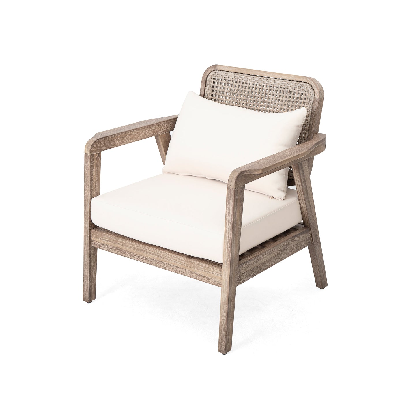 Outdoor Acacia Wood Patio Club Chair with woven rattan back and white cushion HouseOfZazla on Tampa Home & Garden Store