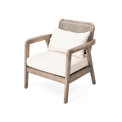 Outdoor Acacia Wood Patio Club Chair with woven rattan back and white cushion HouseOfZazla on Tampa Home & Garden Store