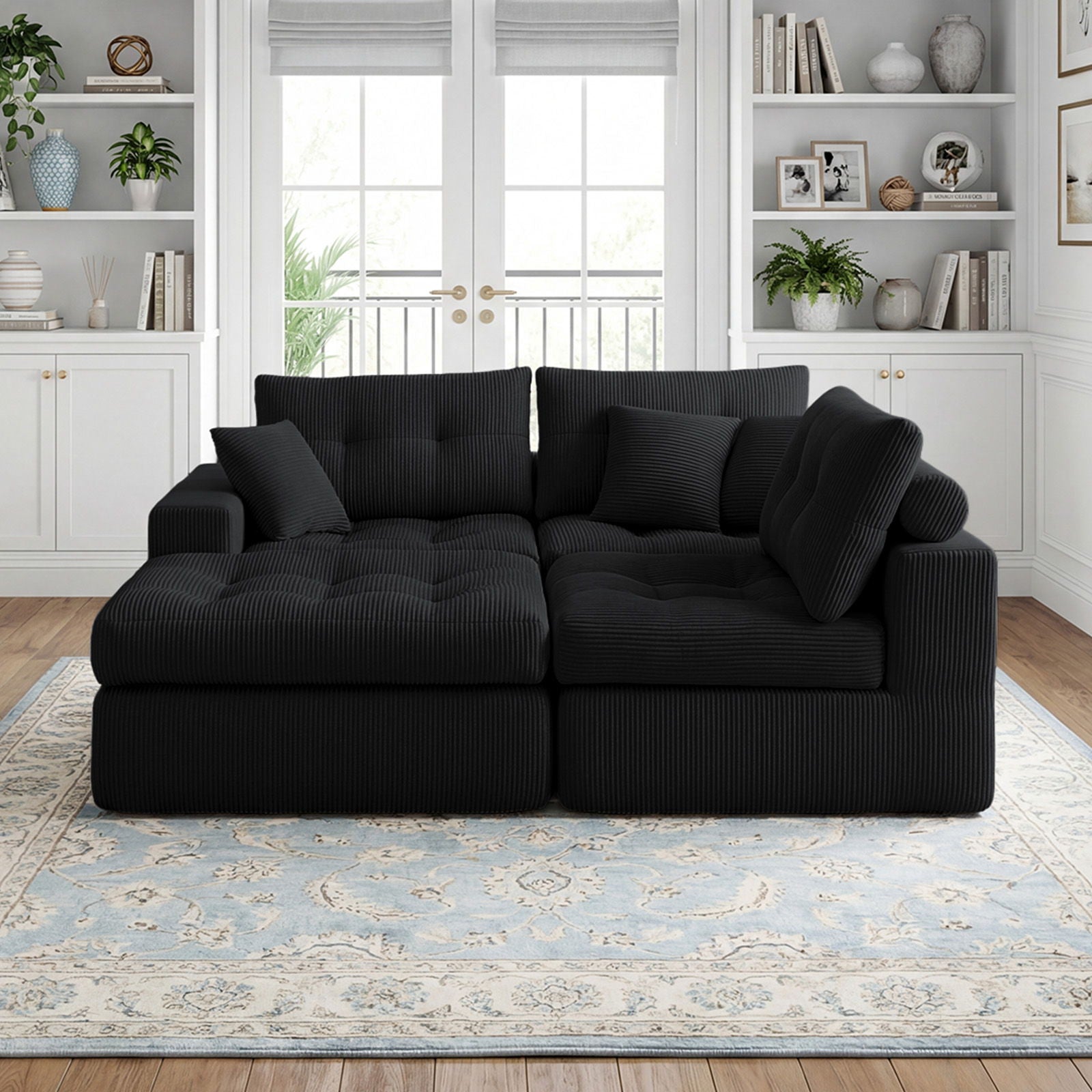 Corner chaise L-shaped sectional sofa bed black ribbed fabric, HouseOfZazla 2pc set on Tampa Home & Garden Store