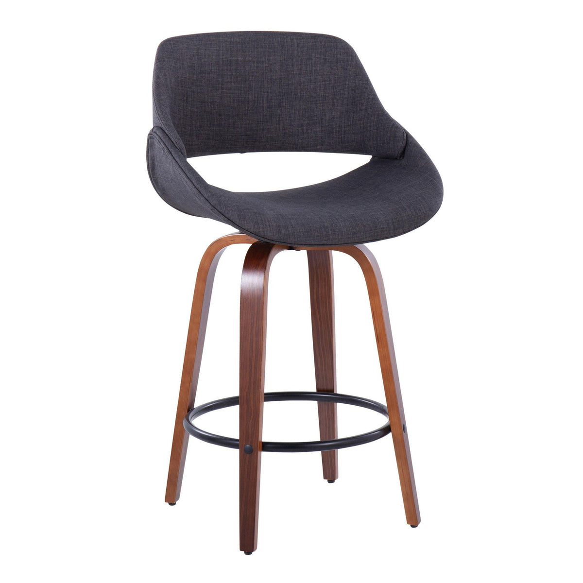 Mid Century Modern counter stool with dark gray fabric, round footrest and wood legs on Tampa Home & Garden Store