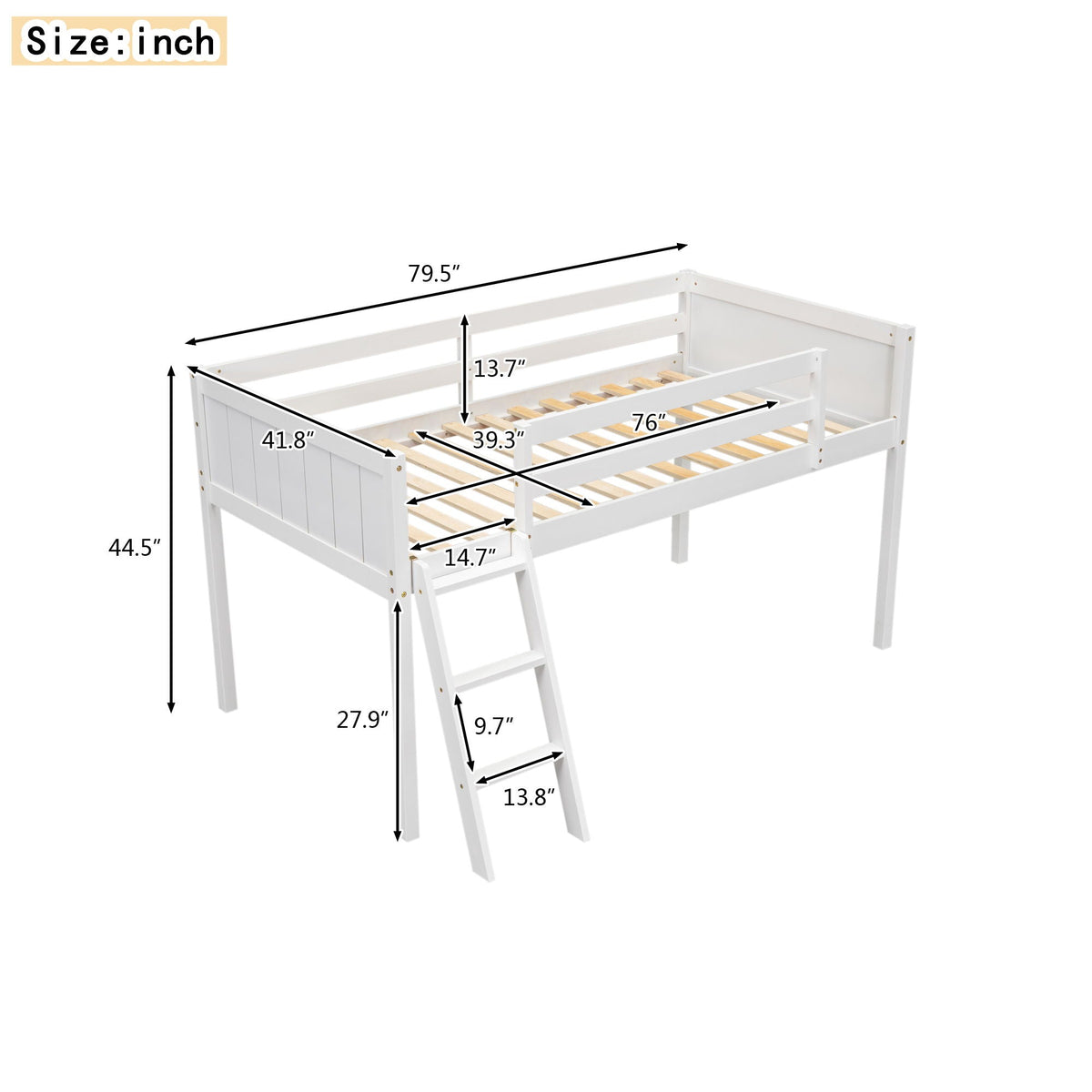 Low Loft Bed With Adjustable Ladder white finish by HouseOfZazla with guard rails and slats on Tampa Home & Garden Store