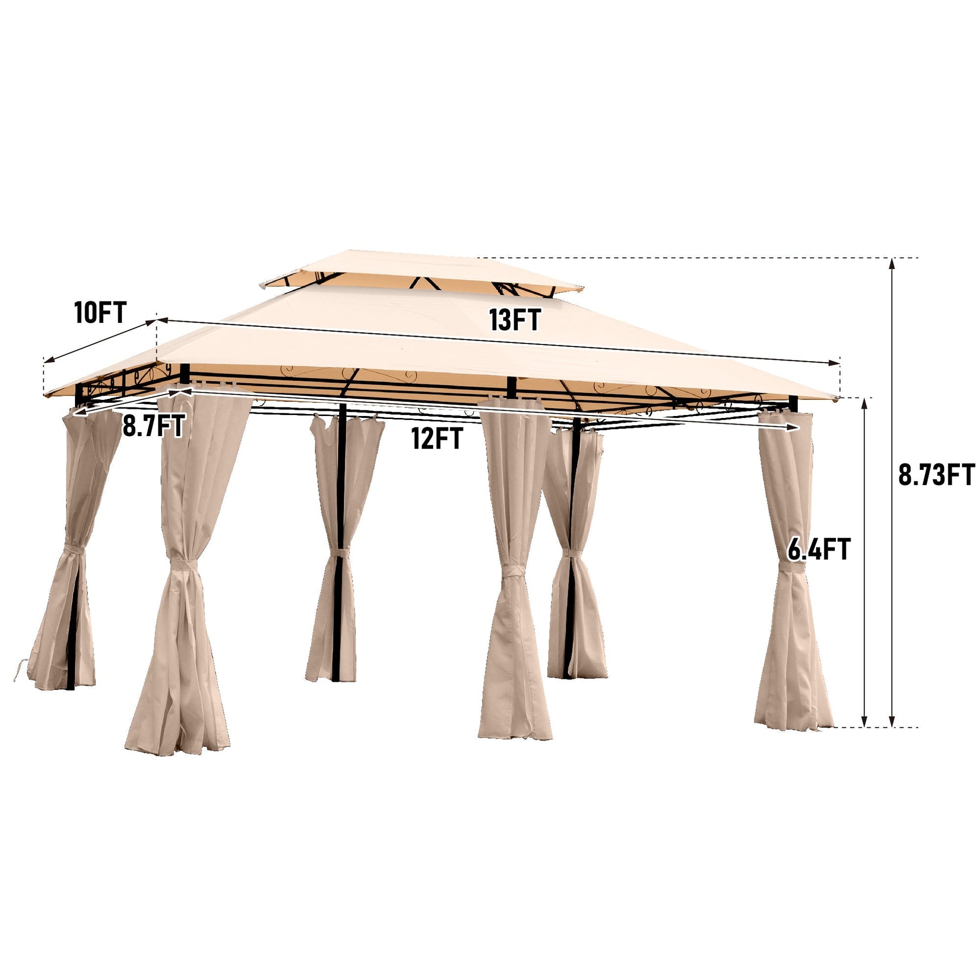 Khaki outdoor patio gazebo canopy with ventilated double roof, black frame, and draped curtains on Tampa Home & Garden Store