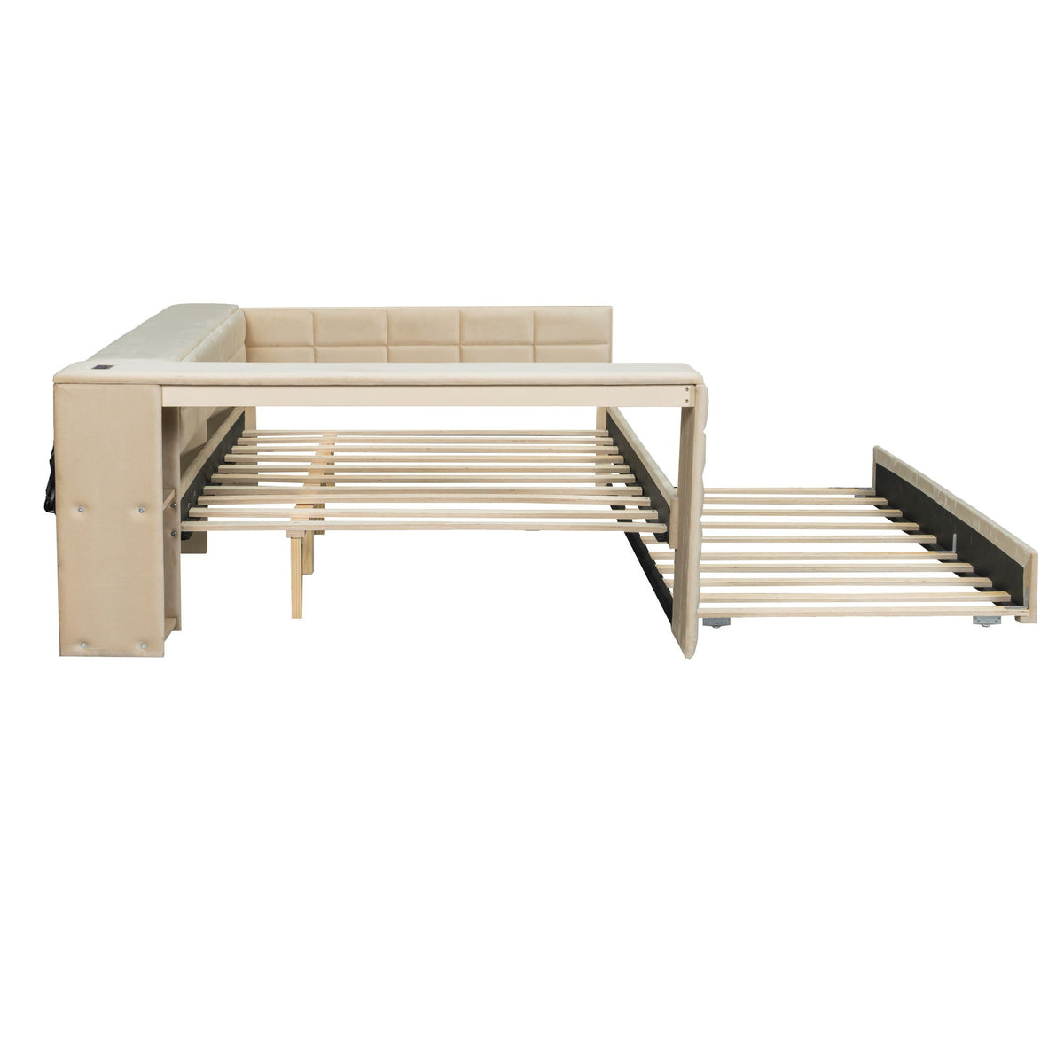 Beige upholstered platform bed frame with tufted headboard and slatted base by HouseOfZazla on Tampa Home & Garden Store