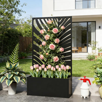 Raised metal planter bed with privacy panel in black by HouseOfZazla, freestanding or wall mount on Tampa Home & Garden Store