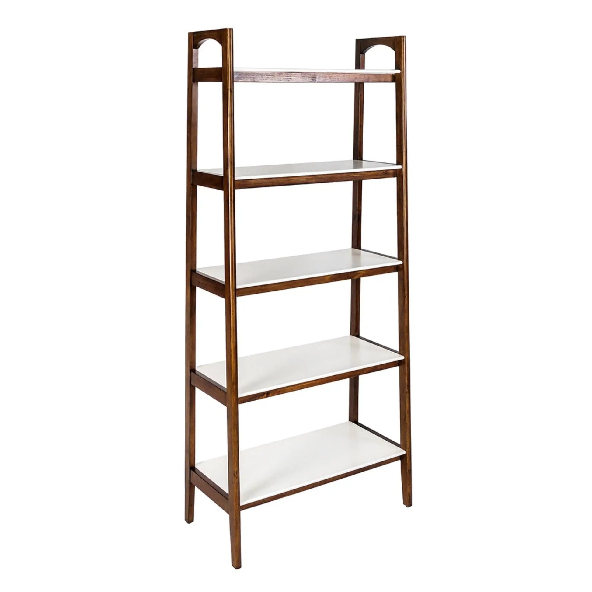 Mid-Century 5-Shelf Bookcase with off-white shelves and pecan wood frame on Tampa Home & Garden Store