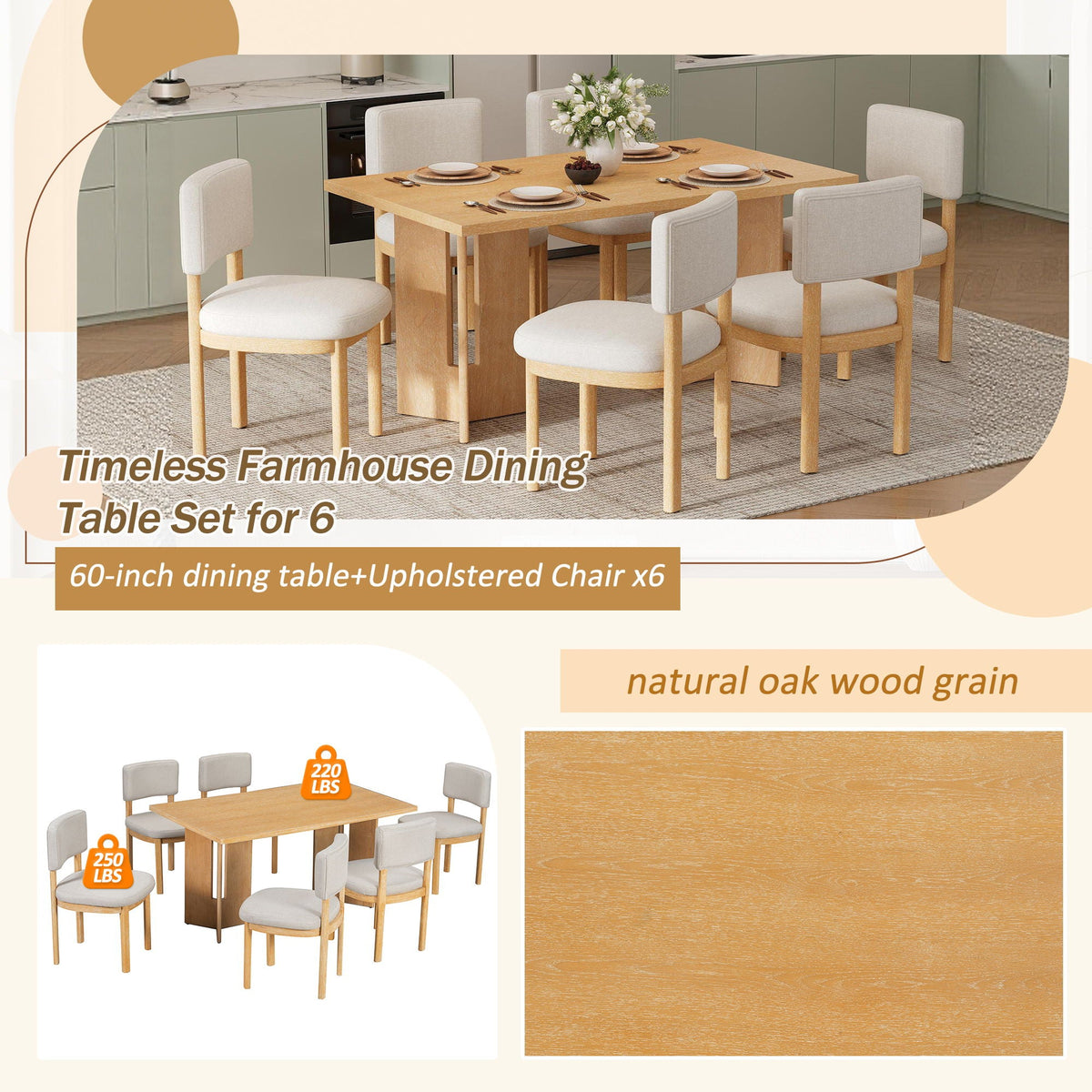 Dining table set with six upholstered chairs; natural oak farmhouse table and gray chairs on Tampa Home & Garden Store