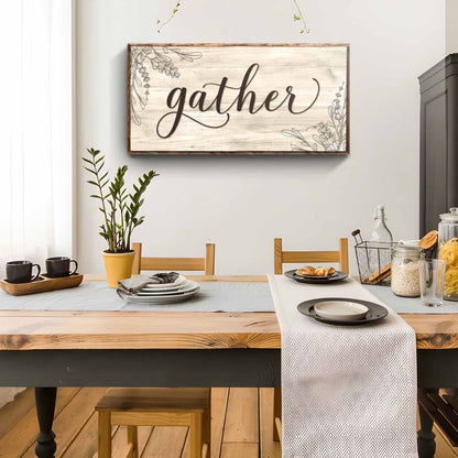 Gather Sign VIII canvas by Tailored Canvases with rustic wood frame and floral corners on Tampa Home & Garden Store
