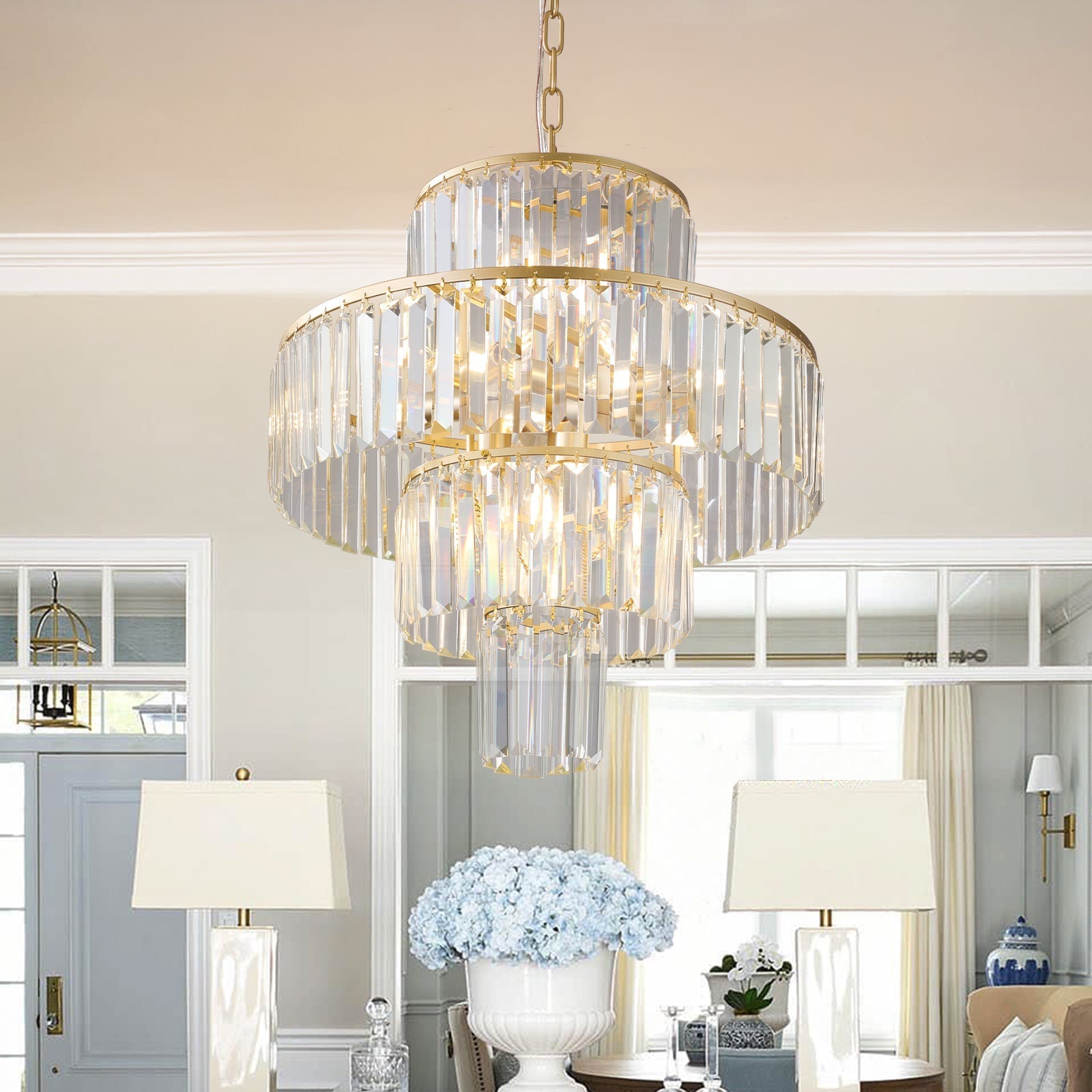 Chandelier 20ft luxury 4-tier crystal with gold frame, 12-light pendant light HouseOfZazla on Tampa Home & Garden Store
