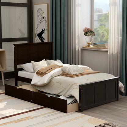 Platform storage bed with two wheel-base drawers in dark wood by Unique Piece Furniture on Tampa Home & Garden Store