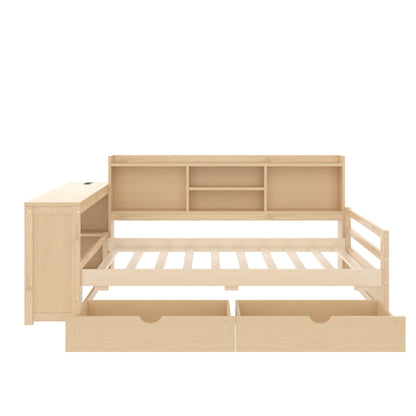 Natural wood corner daybed with desk, bookcase storage and two wide drawers, slatted bed base on Tampa Home & Garden Store