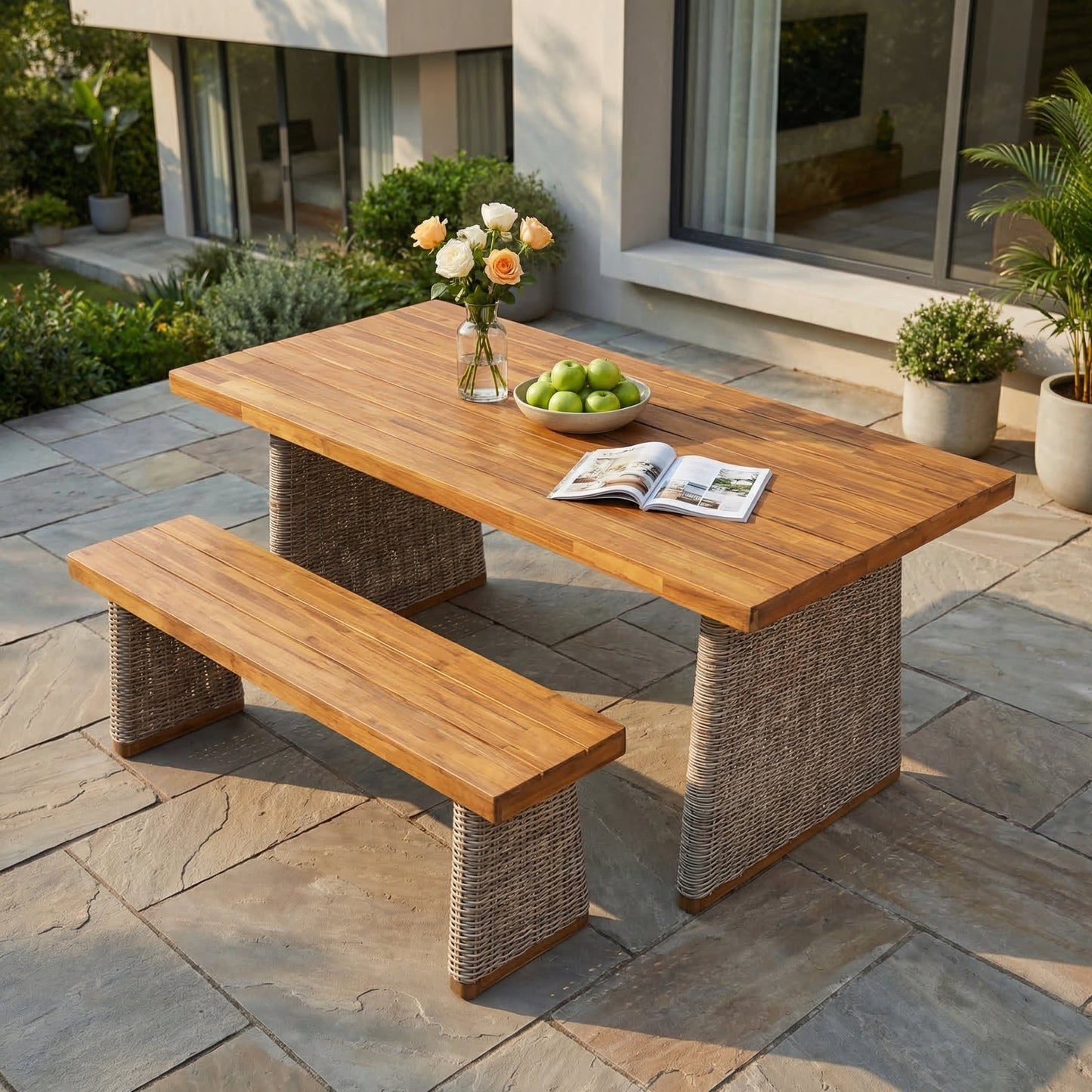 Outdoor Acacia Wood Dining Table and Bench Set