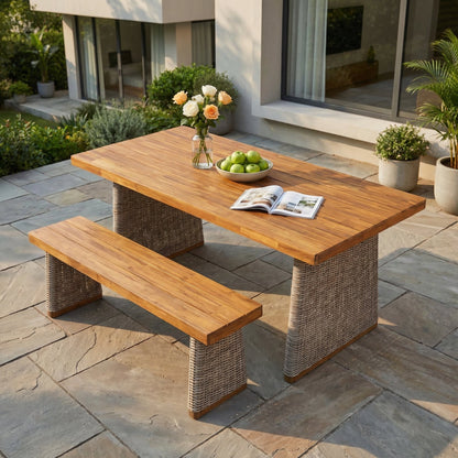 Outdoor Acacia Wood Dining Table and Bench Set