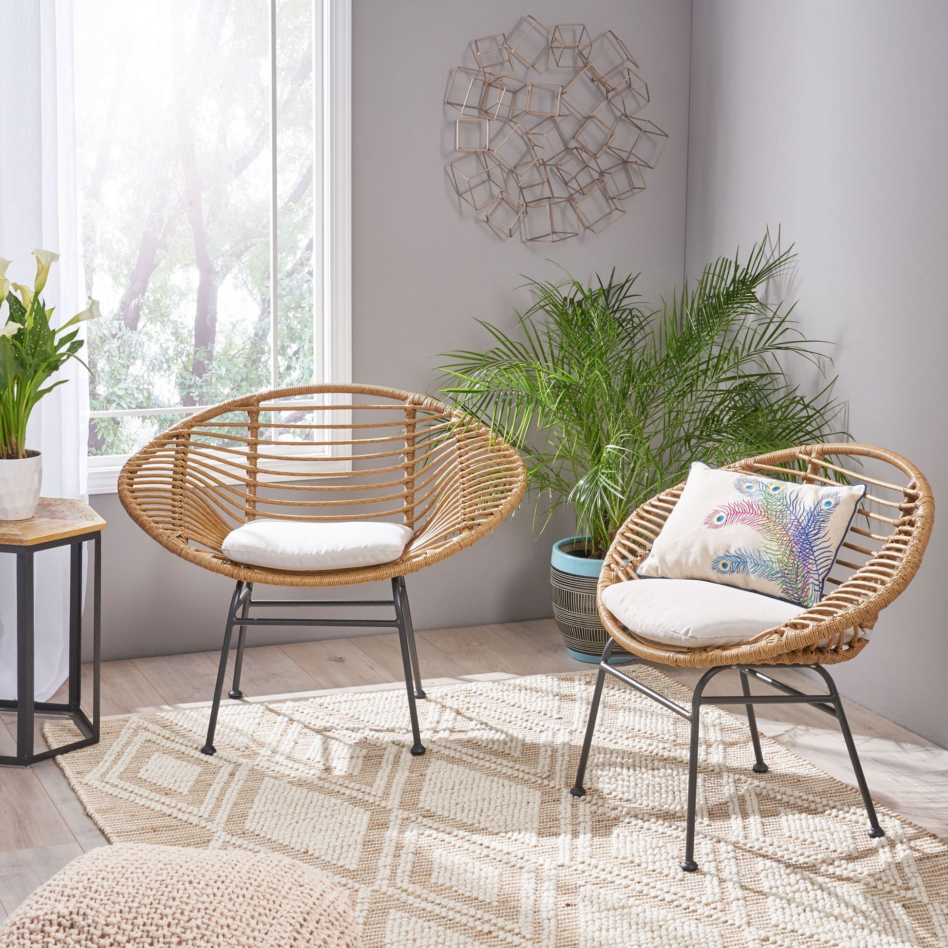 Cordella Outdoor Woven Wicker Chairs with White Cushions, Set of 2 by HouseOfZazla on Tampa Home & Garden Store