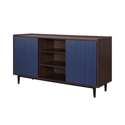 Fluted sideboard with adjustable storage, blue ribbed doors and dark wood frame on Tampa Home & Garden Store