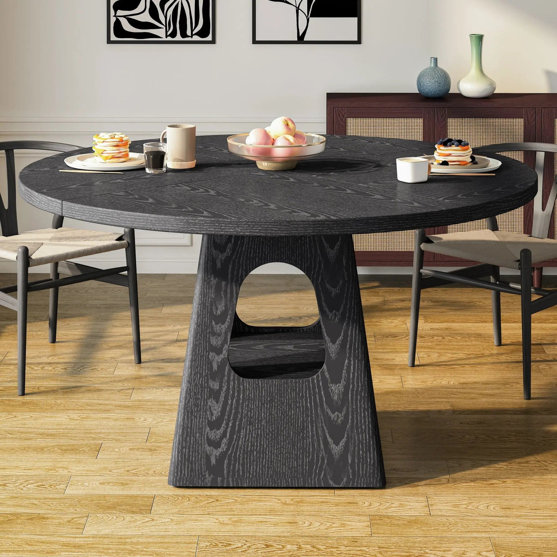 Farmhouse round dining table with storage base in dark wood finish by Unique Piece Furniture on Tampa Home & Garden Store