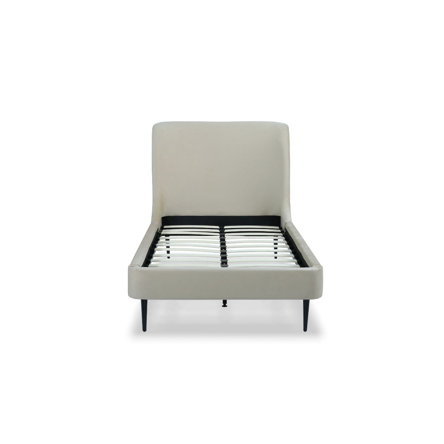 Heather upholstered bed with curved beige headboard, slatted base, and slim black legs on Tampa Home & Garden Store
