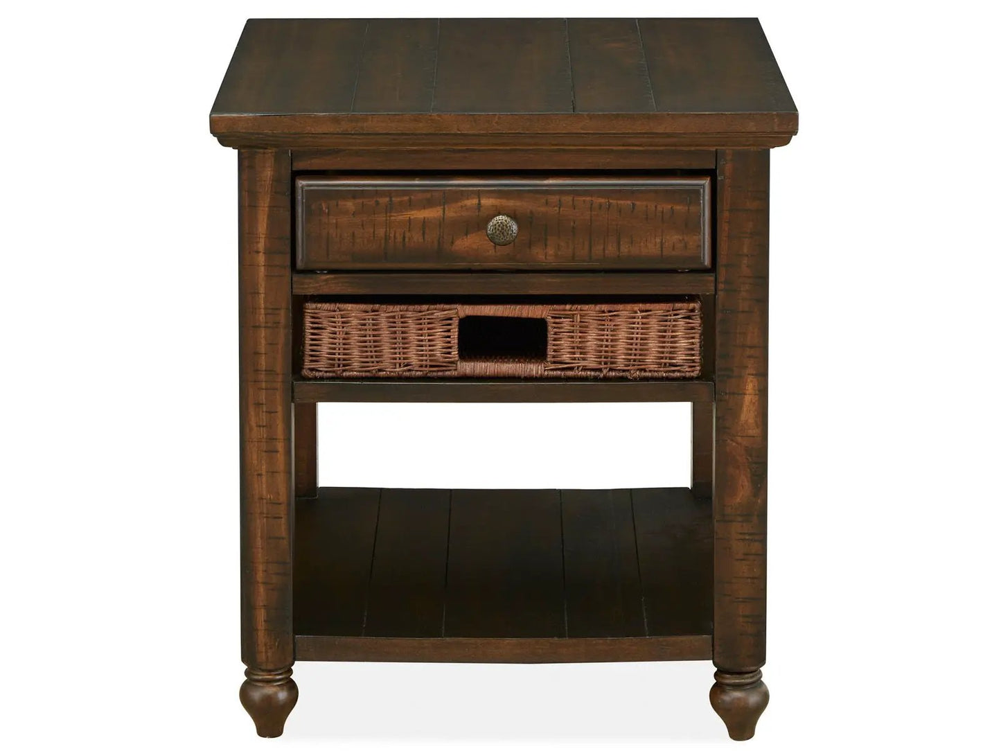 Cottage Lane wood end table, rectangular with dark finish and wicker basket by Unique Piece on Tampa Home & Garden Store